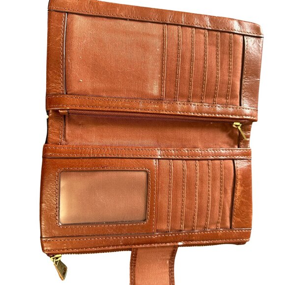 Fossil Vintage Wallet “Sydney” Brown Leather Retro Black White Polka Dot Trifold - Picture 2 of 4